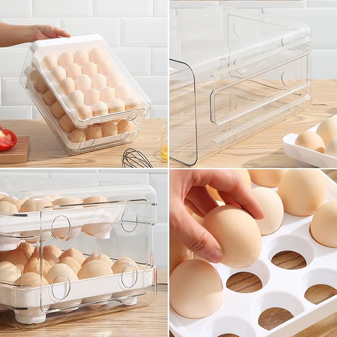 HOMQUEN Egg Holder, Clear Plastic - 2 Layer/40 Grid Egg Tray & Fresh Storage Box for Fridge - Image 6