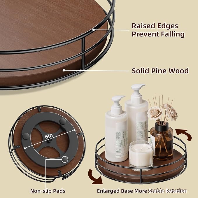 Optish 10" Elegant Lazy Susan, Non-Skid Turntable Spice Organizer, Wooden | 360° Smooth Rotation, Clear Design, Tall Raised Edge, Easy Access, Load 15 lbs, for Spices, Cabinet, Pantry, Fridge, kitchen - Image 3