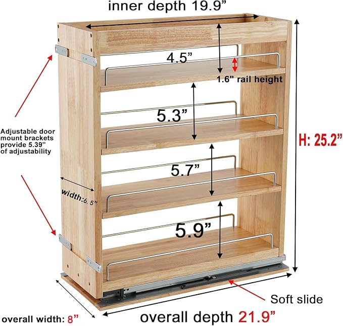 DINDON Pull Out Spice Rack Organizer for Cabinet, (6.5" W x 21.9" D x 25.2" H) Multi-Use Wood Pull Out Cabinet Organizer Slide Out Shelf Cabinet Storage for Kitchen, Pantry Organization - Image 3