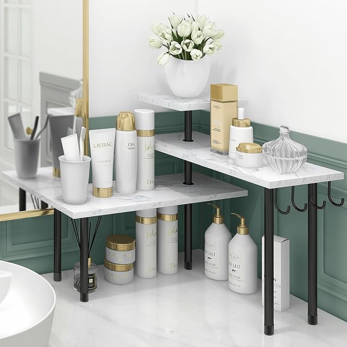 Bathroom Counter Corner Shelf, 3 Tier Kitchen Countertop Organizer for Over The Sink, Make Up, Dresser Table, White Marble - Image 3