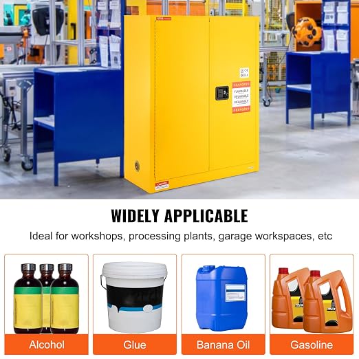 VEVOR Flammable Cabinet 18" x 43" x 50", Cold-Rolled Steel Flammable Liquid Storage Cabinet 34 Gal with 2 Adjustable Shelves/2 Manual Closing Doors for Industrial Use, Yellow | For Industrial Use, Cold-Rolled Steel, 34 Gal, with 2 Adjustable Shelves, 2... - Image 8