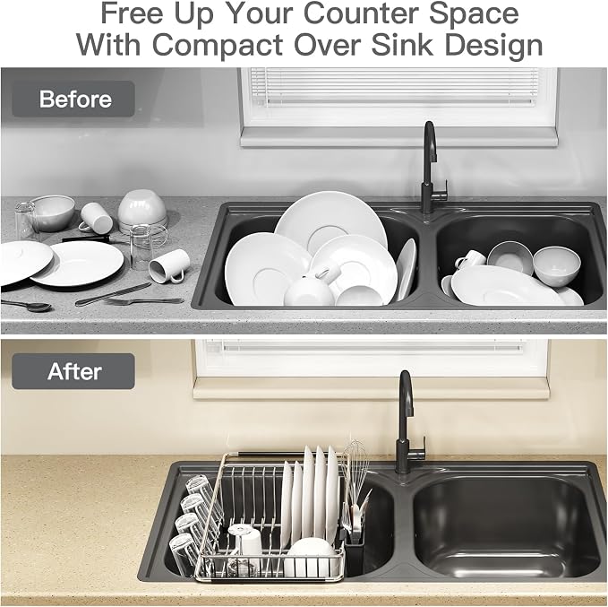 Dish Drying Rack Over The Sink with Adjustable Utensil Holder | Expandable Stainless Steel Dish Drainer for Small Kitchen, Apartment, RV, Counter Space Saving, Perfect Fit, Rustproof - Image 2