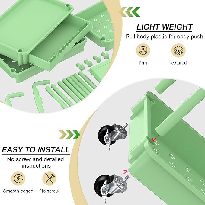 Goovilla 4 Tier Rolling Utility Cart Organizer with Removable Drawer, Green | Stable and Sturdy Rolling Storage Carts with 2 Lockable Wheels for Bathroom, Kitchen, Snack, Craft, Makeup, Baby Essentials - Image 3