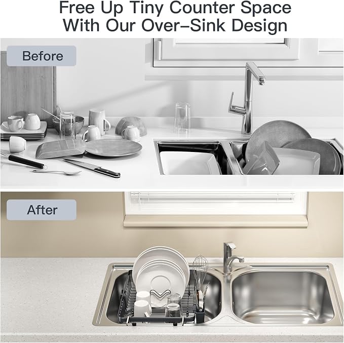 Grey Dish Drying Rack Over The Sink with Utensil Holder, Mat | Expandable Stainless Steel Dish Drainer for Small Kitchen, Apartment, RV, Counter Space Saving, Perfect Fit, Rustproof - Image 3