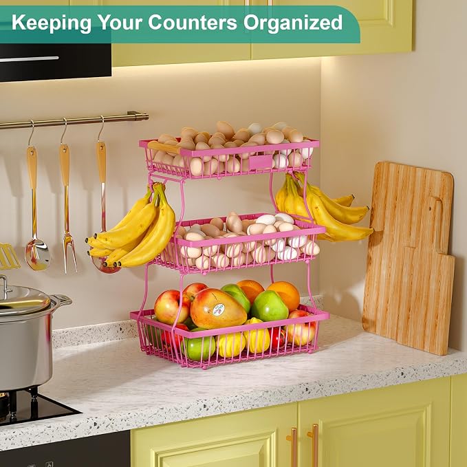 3 Tier Fruit Basket for Kitchen Counter with 2 Banana Hangers, Countertop Metal Fruit Bowl with Wooden Handle, Large Storage Stand for Vegetables, Snacks, Breads, Produce Storage – Rose Pink - Image 3