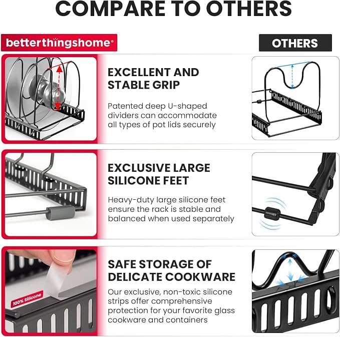 7.5” Wide 12-Slot Adjustable Large Pan and Pot Lid Organizer with Scratch-Free Pads, Expandable Pot Lid Holder Rack for Cabinet, Pots and Pans Organizer Inside Cabinet - Image 5