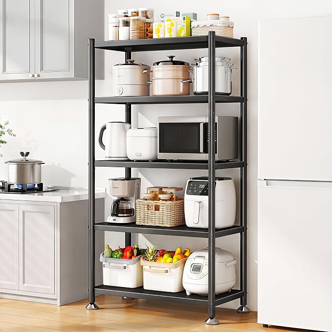 5 Tier Adjustable Storage Shelves, Heavy Duty Metal Storage Rack with Wheels, Shelving Units Utility Shelf for Kitchen, Pantry, Bathroom, Garage, Office Organization and Storage, Black, 13"x24"x59.7" by PXRACK