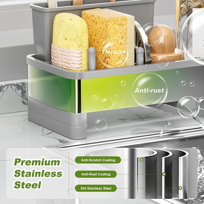 Ewaiira Stainless Steel Sink Caddy, Sponge Holder for Kitchen Sink 9.8″ | with Brush Holder Dishcloth Rack, Rustproof Sink Organizer Countertop, Soap Kitchen Organizers Storage Essentials, Gray - Image 4