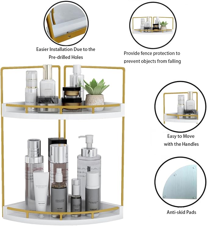Dorhors Corner Bathroom Counter Organizer,Vanity Countertop Storage Shelf | 2-Tier Gold Rack Holder for Skincare,Perfume,Makeup,Lotion,Wood Sink Tray Stand for Kitchen,Restroom,Dresser - Image 4