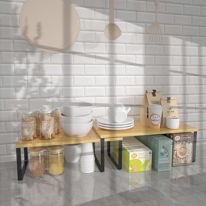 NEX Kitchen Cabinet and Counter Shelf Organizer, Stackable & Expandable, Set of 4, Black and Natural - 7.7 x 15.6 x 6.2'' - Image 5