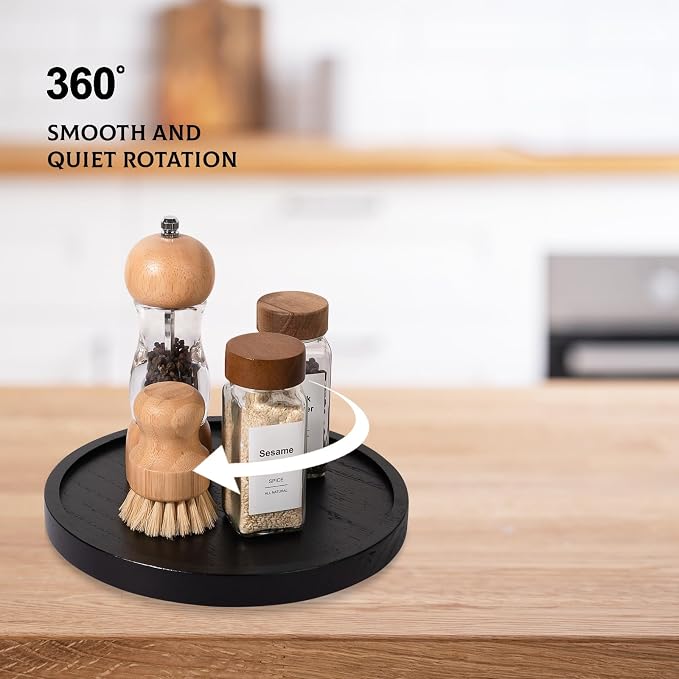 Wood Lazy Susan Turntable Kitchen Decor Round Table Tray, 9" Black | Waterpoof, Easy clean, Non-slip, Rotating Wooden Decorative Pantry Table Tray for Seasoning, spice, snack - Image 4