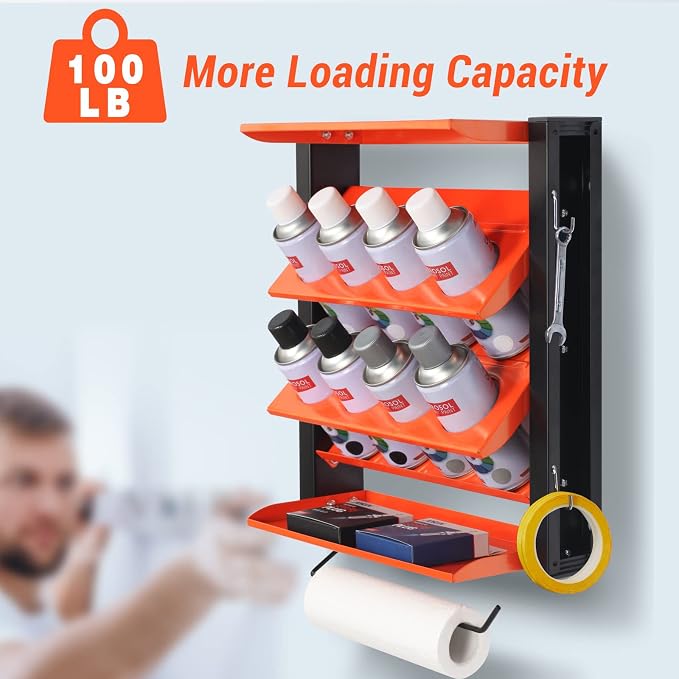 Spray Can Holder, Wall Mount Paint Bottle Organizer 8 Holes & 2 Shelves | Heavy Duty Lube Can Organizer with Paper Towel Holder for Garage & Home - Image 4
