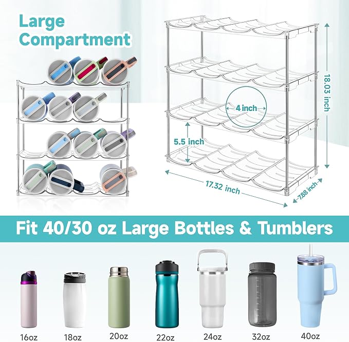 Stackable Water Bottle Organizer Large Compartment Water Bottle Holder | Tumbler Organizer for Stanley 40 oz Cup, Kitchen Cabinet Storage Organizer for Stanley Cup Accessories, 4 Tier Hold 16 Bottle - Image 2