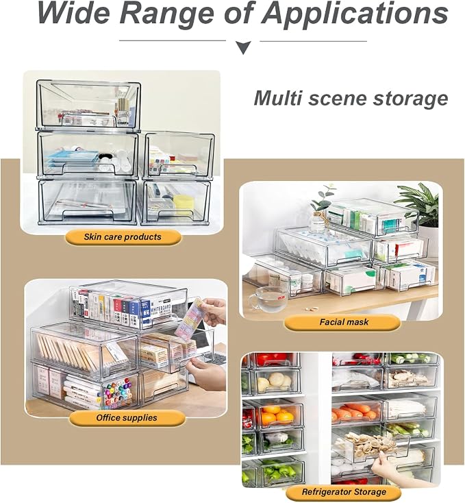 Stackable storage drawers, clear pull-out organizer with handles and non-slip pads for kitchen, refrigerator,office desktop, pantry and shelves, perfect for organization and storage (2 Pack, Medium) - Image 3