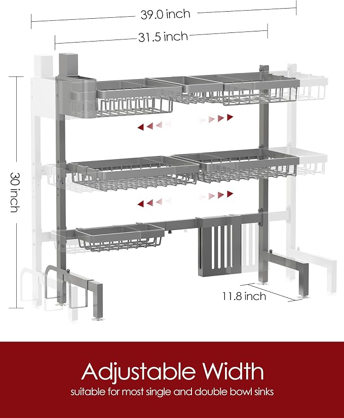 Sakugi Dish Drying Rack Over The Sink, Dish Drainer for Kitchen Counter | Stainless Steel Storage Organizer with Utensil Knife Holder & Hooks, Adjustable 11.8"Dx31.5"~39"Wx30"H, Grey - Image 2