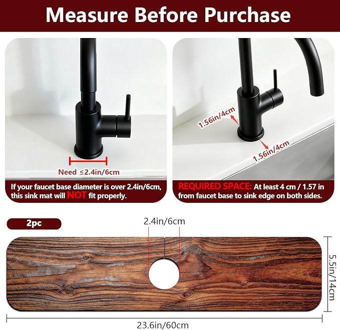 2 Pcs Kitchen Sink Splash Guard Faucet Mat Wood Grain Pattern Faucet Mat for Sinks Natural Wood Color Absorbing Drying Mat for Kitchen Bathroom, 23.6x5.5inch - Image 2