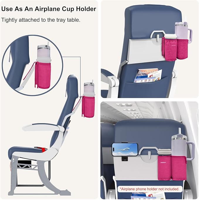 2 in 1 Luggage Cup Holder for Suitcase Airplane Drink Carrier Travel (Pink) | airplane cup holder|washable material|portable|for stanley cup|Hands Free|Coffee Beverage Organizer Gifts for Travelers - Image 2