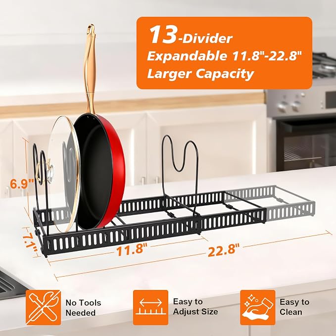 2 Pack Expandable Pot and Pan Organizerinside Cabinet 13 Divider | Expandable 11.8–22.9", 13 Adjustable Dividers, Tool-Free Assembly, Non-Slip, For Pan Lid Cutting Board Bakeware-White&Black - Image 2