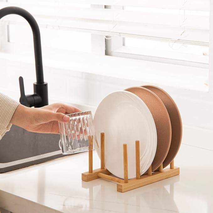 HBlife 2pcs Bamboo Dish Plate Bowl Cup Book Pot Lid Cutting Board Drying Rack Stand Drainer Storage Holder Organizer Kitchen Cabinet（Keep Dry） - Image 3