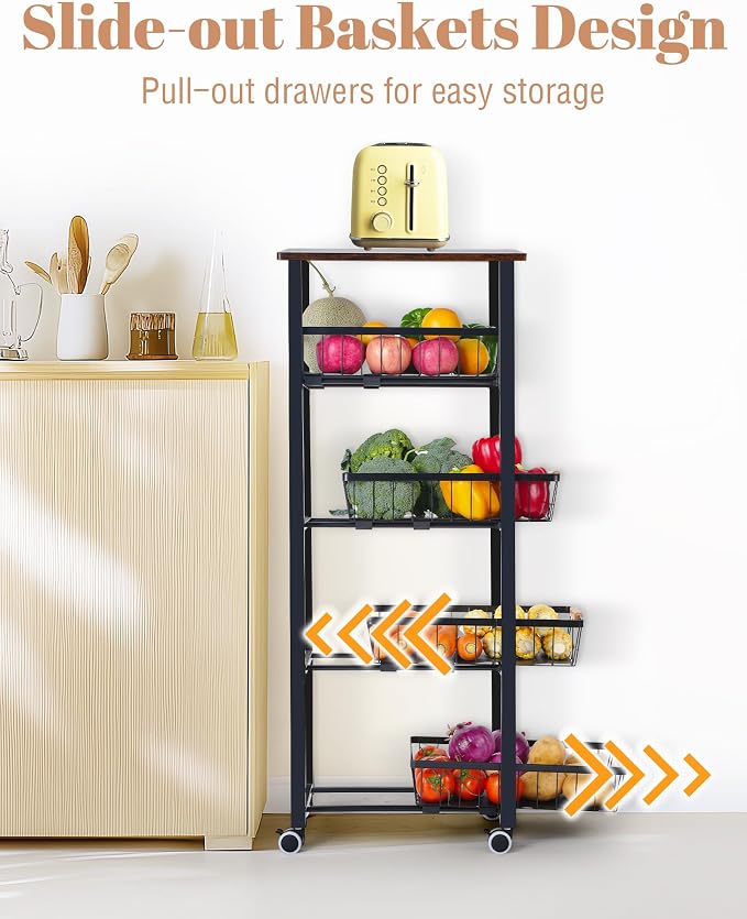 Mythinglogic 5-Tier Rolling Fruit Vegetable Storage Cart with Pull-Out Baskets, Metal Kitchen Organizer, Heavy Duty Utility Rack with Wheels for Pantry, Living Room, Kitchen - Image 4