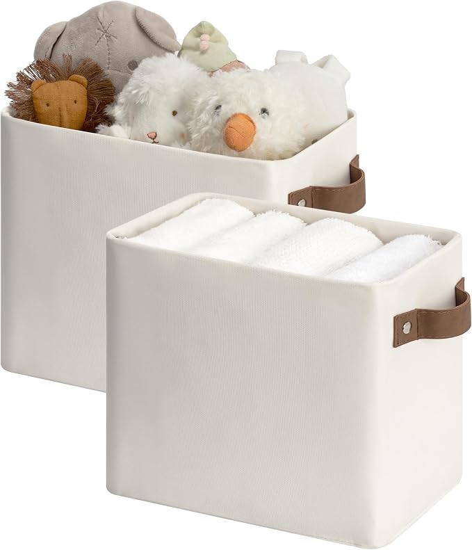StorageWorks Narrow Storage Bins, Tall Storage Basket, Beige, 2-Pack | With Metal Frame, Sturdy Structure, PU Handles, Toilet Paper Storage, Small Storage Bins, For Bathroom, Closet, Shelf by StorageWorks