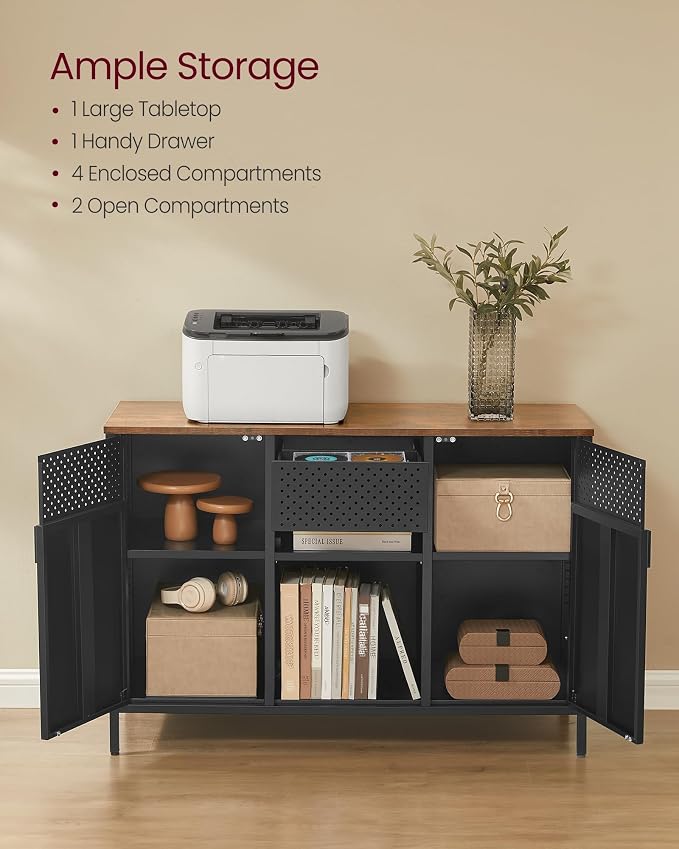 SONGMICS Storage Cabinet, Metal Cabinet, Sideboard with 2 Doors, 15.7 x 43.3 x 29.9 Inches, Magnetic Closure, Adjustable Shelves, Steel Frame, Rustic Brown and Matte Black ULSC204B01 - Image 5