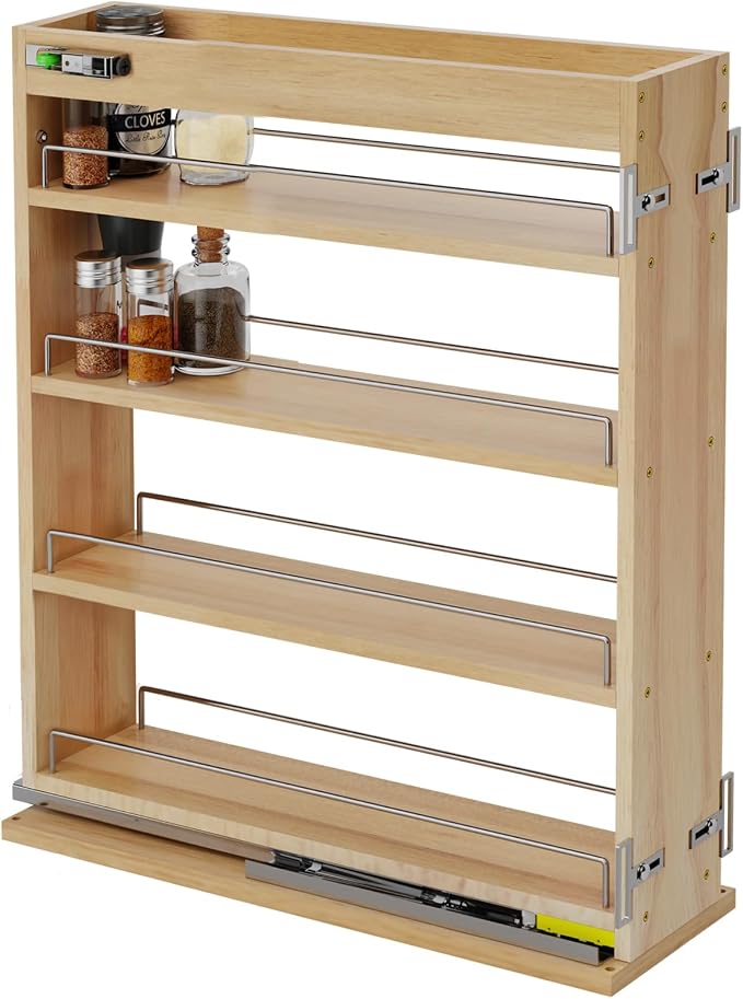 Pull Out Spice Rack Organizer for Cabinet (5" W x 22.3" D x 25.2" H), Sliding Spice Rack for Kitchen Cabinet, Wood Pull Out Cabinet Organizer for Multi-Use by GREHITK