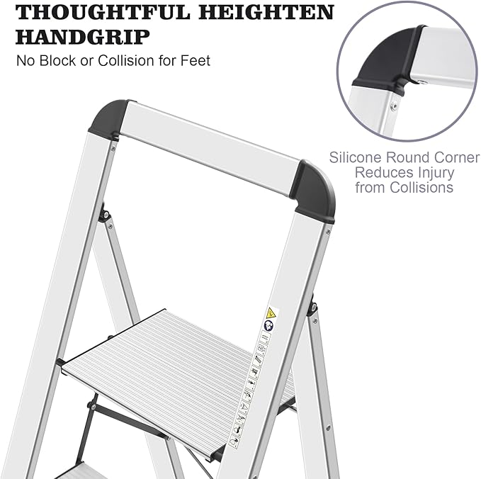 KINGRACK Aluminium 4 Step Ladder, Lightweight Step Stool with Non-Slip Pedals, Handrail, Foldable Step Ladder for Kitchen, Garage, Home, Space Saving, Sturdy and Portable, Silver - Image 4