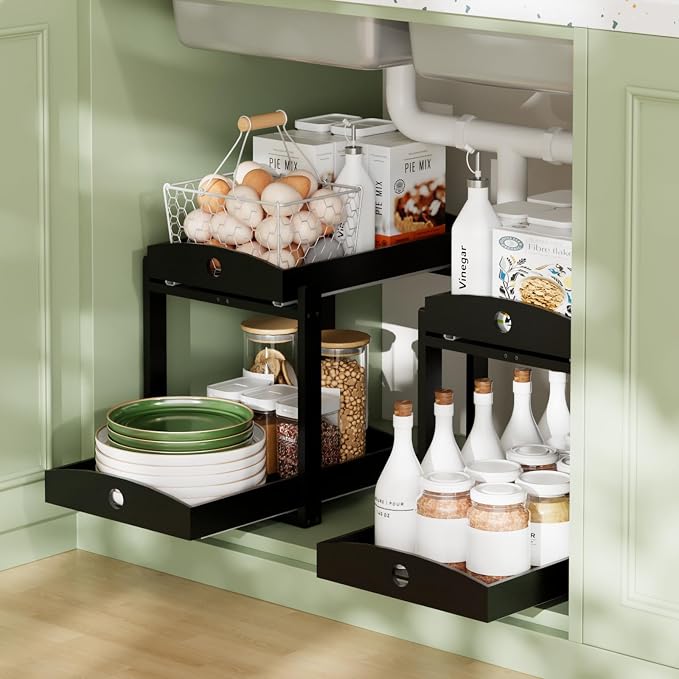 2 Pack Bamboo Under Sink Organizer, 2-Tier Pull-Out Drawers, Kitchen & Bath | Pull-out drawers keep cleaners and tall bottles visible, organized and easy to reach in kitchen or bathroom cabinets by HEALTHYYOU