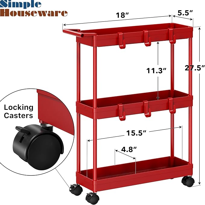 Simple Houseware 3-Tier Slim Rolling Cart w/Handle 5.5" Wx27.5 H, Red | Storage Cart for Narrow Space (5.5-Inch Wide) Kitchen, Bathroom, Laundry Room - Image 3
