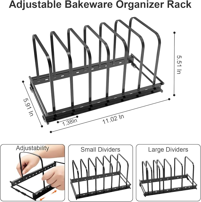 TEAMOLA Metal Cutting Board Organizer - Adjustable Bakeware Rack 1-Pack | Black Metal Kitchen Rack Organizer, Adjustable Holder Fits Pans Lids Sheets, Cabinet Counter Under Sink Caddy with 7 Slots - Image 3