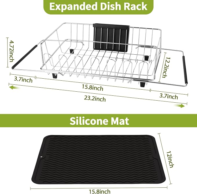 in Sink Expandable Dish Drying Rack with Silicone Mat-Extra Large Stainless Steel Dish Drainer Over The Sink with Utensil Holder, Applicable for Sink Width 16'-22' (Silver,23.2'*12.2') - Image 2