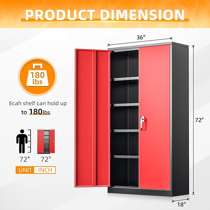 Metal Storage Cabinet with Doors, 72" Locking Steel Storage Cabinet with Shelves, Tall Metal Cabinet Lockable Steel Cabinets for Home Office, Garage,(Black+Red) - Image 3
