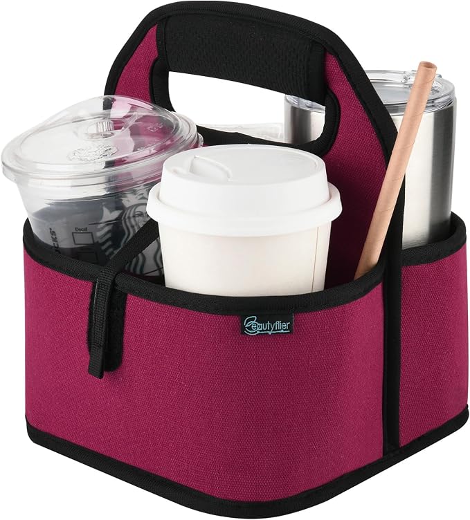 Beautyflier Reusable Insulated Coffee Cup Carrier, Portable Drink Holder with Handle Organizer Tote Bag for Hot & Cold Drinks (Wine Red) by Beautyflier