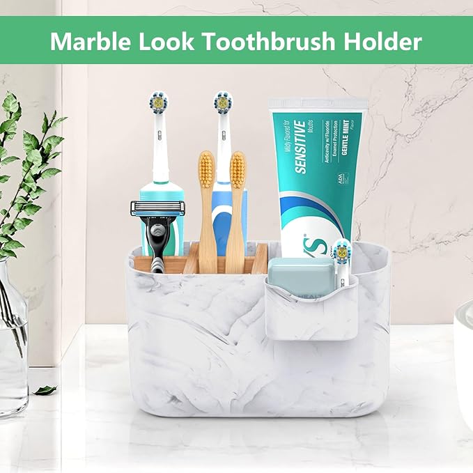 GFWARE Marble Toothbrush Holder, Bathroom Storage Organizer with Small Box | 5 Slots Kids Electric Toothbrush and Toothpaste Holder with Bamboo Divider, Marble-Look Bathroom Accessories Storage - Image 5