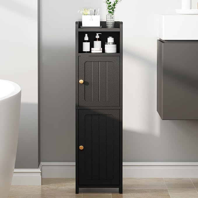 BEWISHOME Small Bathroom Storage Cabinet, 2 Doors Narrow Bathroom Cabinet | Storage Cabinet with Adjustable Shelves, Narrow Toilet Paper Cabinet 7.9"D x 7.9"W x 31.5"H, for Small Spaces, Black YYG03B by BEWISHOME
