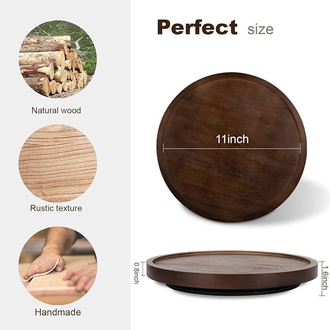 Wood Lazy Susan Organizer Kitchen Turntable for Cabinet Farmhouse Bathroom Decor Round Decorative Tray for Vanity, Counter, Sink, Coffee Table, 11 Inch, Walnut | Waterpoof, Easy clean, Non-slip, Rotating Wooden Decorative Pantry Table Tray for Seasonin... - Image 5