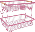 Fruit Basket Bowl 2 Tier Detachable with 2 Banana Hangers, Fruit Stand Holder for Kitchen Countertop, Metal Wire Vegetable Storage Organizer, for Bread Snack Veggies Produce, pink by Lawhood-Mijin