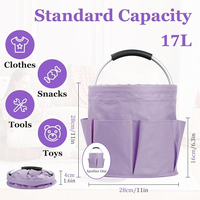 2Pcs 17L Collapsible Cleaning Supplies Caddy with Handle for Travel, Purple | IHOMAGIC 6-Pocket 600D Oxford Shower Caddy & Storage Organizer, Portable Tote for Cleaning Gardening - Image 2