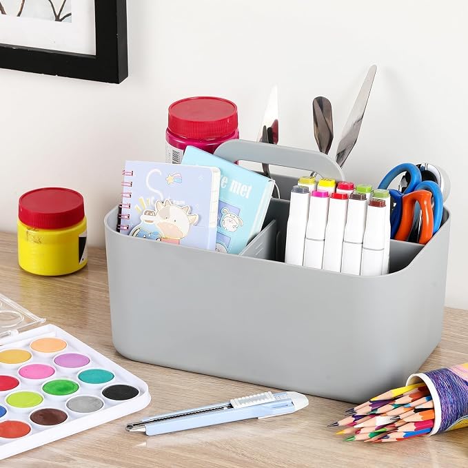 Multiuse Caddy Organizer with Handle, Portable Divided Plastic Tote Bin - Art Craft, Stationary Pen Marker Crayons, Makeup Hair Supplies Storage - Bathroom, Classroom, Dorm, Office, Desk Holder - Grey - Image 3