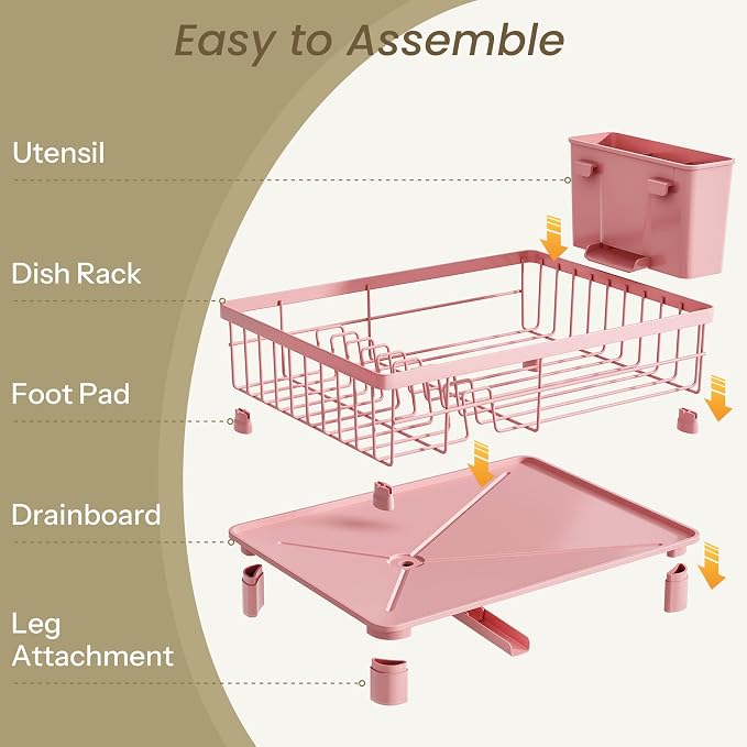 SNTD Dish Drying Rack for Small Kitchen Counter, 11" W x 15" L, Pink | Space Saving, Rotating Spout & Angled Drainboard for Quick Drainage, Stainless Steel, Removable Utensil Holder - Image 6
