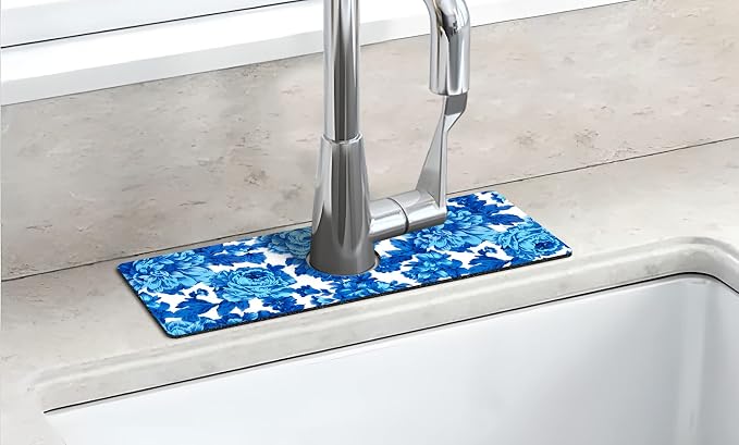 Kitchen Sink Splash Guard Faucet Mat Super Absorbent Fast Drying Mat Sink Gadgets Splash Guard Behind Faucet Drip Catcher for Kitchen (Blue Flowers, 15x5.5in) - Image 6