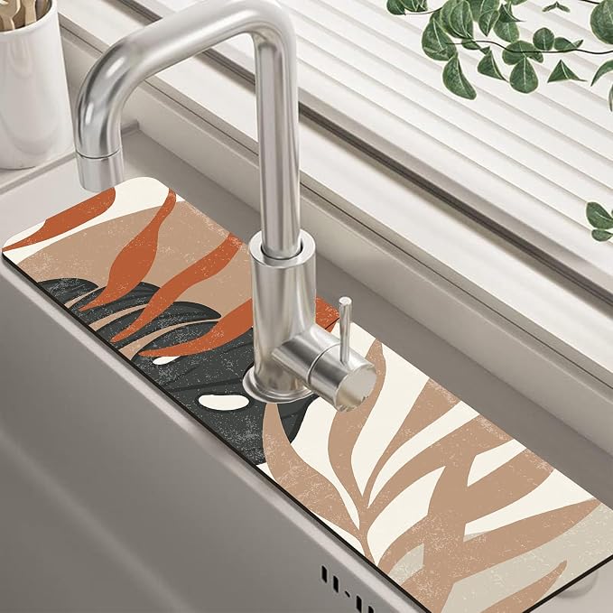 Mid Century Boho Leaves Kitchen Sink Splash Guard Absorbent Fast Drying Mat Faucet Draining Guard Behind Faucet Drip Catcher for Kitchen Bathroom 5.5"24" by Unknown