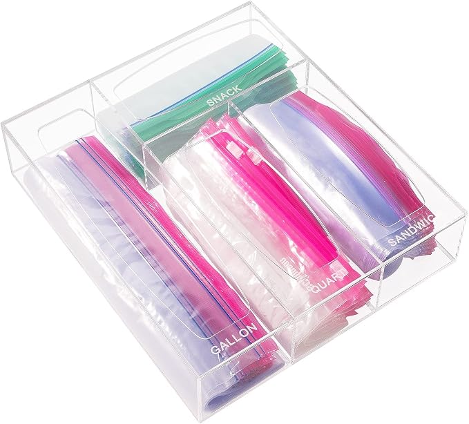 Aquiver Acrylic Bags Storage Organizer - Baggie Bags Drawer Organizer & Plastic Food Storage Bags Holder - Compatible with Gallon, Quart, Sandwich, Snap, Freezer, Slider Bags (Clear) by AQUIVER