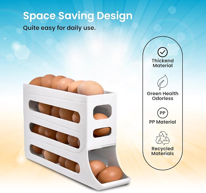 ZAYLAN Auto-Rolling Egg Holder for Fridge – 4-Tier Space-Saving Dispenser Holds 28 Eggs, White Organizer with FREE Flower Egg Cutter - Image 5