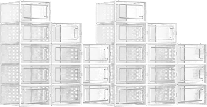 SONGMICS Shoe Boxes, Pack of 24 Shoe Storage Organizers, Stackable Clear Plastic Boxes for Closet, Sneakers, 13.1 x 9.1 x 5.6 Inches, Transparent and White ULSP906W12 by Unknown