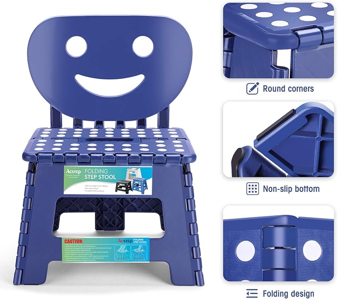 Folding Step Stool with Back Support for Kids,9" Kids Step Stool for Outdoor or Indoor Kitchen Step Stools and Bathroom Stool for Toddlers Boys Girls - Royal Blue - Image 3