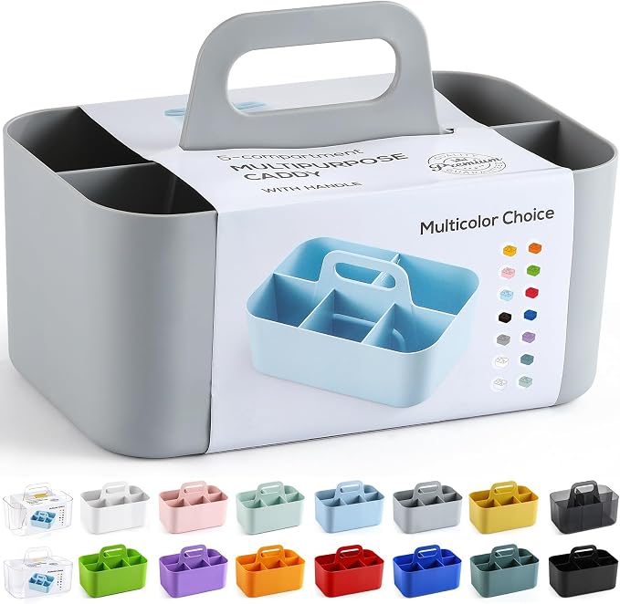 Multiuse Caddy Organizer with Handle, Portable Divided Plastic Tote Bin - Art Craft, Stationary Pen Marker Crayons, Makeup Hair Supplies Storage - Bathroom, Classroom, Dorm, Office, Desk Holder - Grey - Image 8