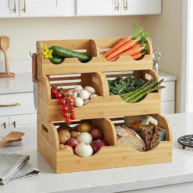Potato and Onion Storage Bin, Made of bamboo, With 2 banana hooks | With 2 Banana Hangers,Stackable Potato and Onion Storage Bin with Airflow Vent,Vegetable Storage,for Kitchen Countertop - Image 9