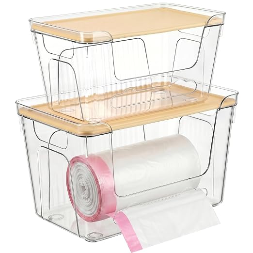 CANTAMI Plastic Trash Bag Dispenser with Lids, Stackable, 2Pack, 1XL+1S | Trash Bag Holder, Clear Organizer Bins for Kitchen, Laundry Room, Under Sink Organization and Storage by CANTAMI